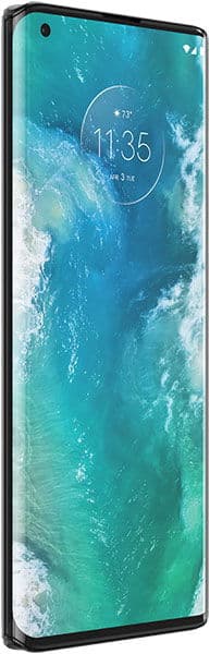 Motorola Edge+ front view with turquoise water display wallpaper, showing time 11:35 on screen and camera cutout at top
