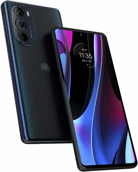 Motorola Edge+ (2022) shown from rear and front angles, displaying dual rear cameras and colorful gradient screen display with time shown