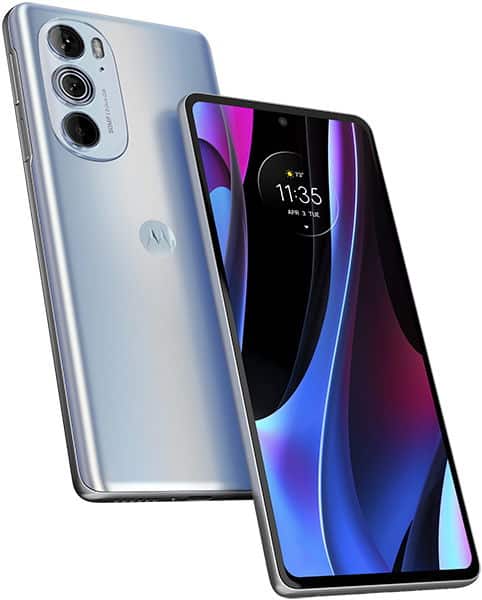 Motorola Edge+ (2022) in pale blue, shown from rear and front angles displaying triple camera setup and colorful display with time 11:35