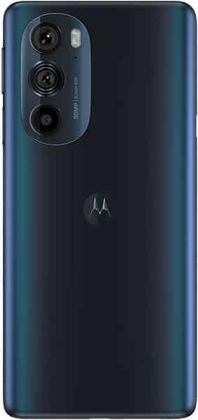 Motorola Edge+ (2022) rear view showing triple camera setup and Motorola logo on dark blue gradient back