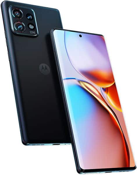 Motorola Edge+ (2023) in charcoal black, shown from rear and front angles displaying quad rear cameras and colorful gradient display