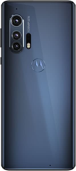 Motorola Edge+ rear view, showing triple-lens camera array and Motorola logo on midnight blue glass back
