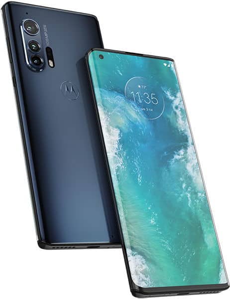 Motorola Edge+ shown from rear and front angles, displaying dark blue back with triple camera setup and turquoise screen with time display