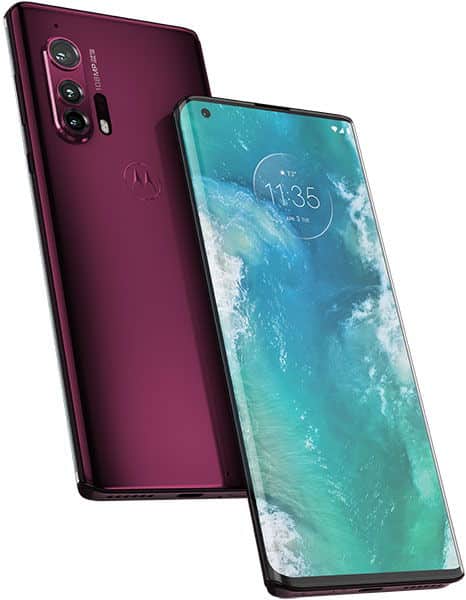 Motorola Edge+ in burgundy, shown from rear and front angles displaying triple camera setup and turquoise ocean wallpaper on screen