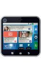 Motorola Flipout phone displayed front-on, showing colorful app tiles on its square screen, with physical buttons below