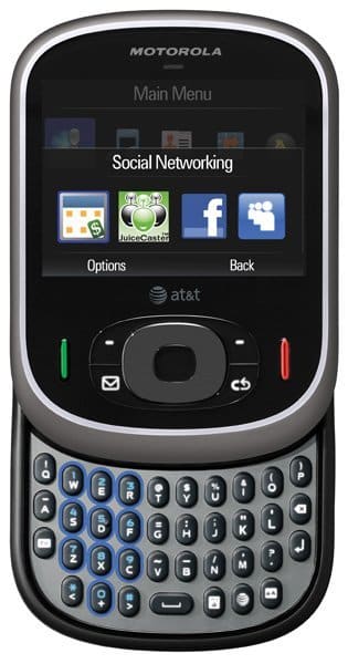 Motorola Karma QA1 front view with slide-out QWERTY keyboard, displaying Social Networking menu with app icons