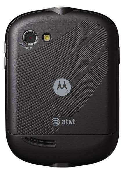 Motorola Karma QA1 rear view, black with diagonal stripe pattern, Motorola logo, AT&T branding, and camera with flash