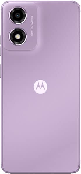 Motorola Moto E14 rear view, lavender purple with dual camera setup and Motorola logo