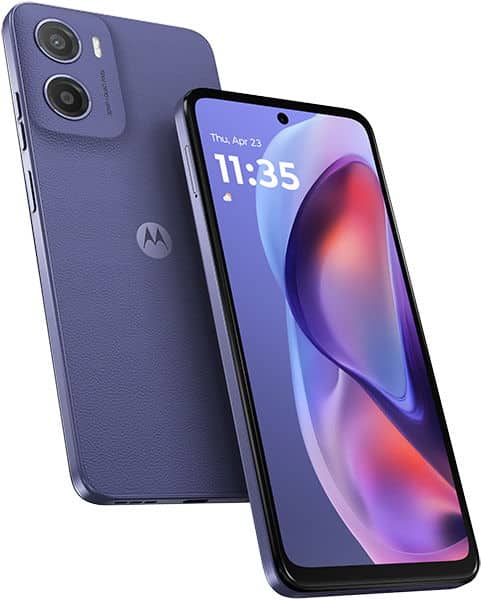 Purple Motorola Moto E15 phones shown: front view with screen (11:35) and rear view with textured back, dual cameras, and logo.