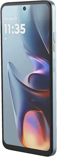 Front view of Motorola Moto E15 with thin bezels, side buttons, 11:35 time, April 23 date, abstract blue-orange wallpaper.