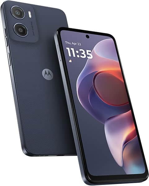 Motorola Moto E15 in dark gray: front view with display at 11:35 and rear view showing dual cameras and textured back.