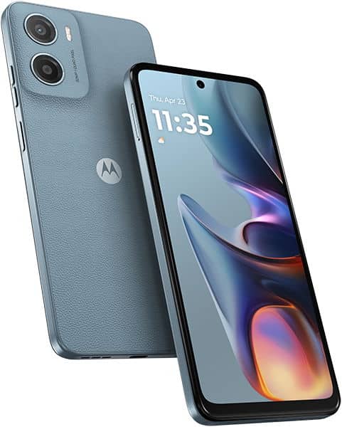 Motorola Moto E15 in blue shown from rear (dual cameras, logo) and front (11:35 display, colorful abstract wallpaper).