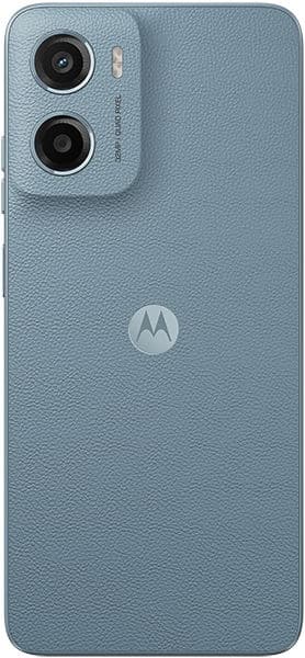 Rear view of blue Motorola Moto E15 with textured back, dual rear cameras (top left), and centered Motorola logo.