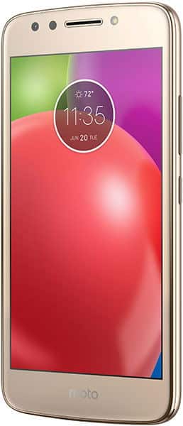 Motorola Moto E4 front view with colorful gradient display showing time and weather widget