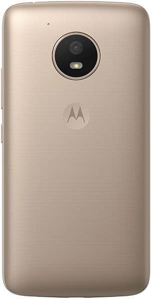 Motorola Moto E4 rear view, showing gold brushed metal back with circular camera lens and LED flash, Motorola logo centered below