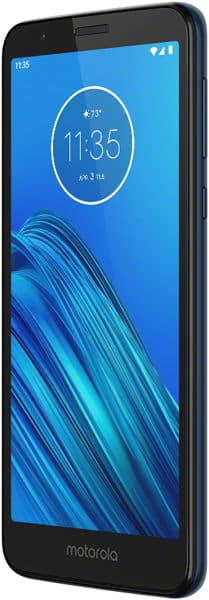 Motorola Moto E6 front view, displaying blue lock screen with time and date, black bezels, and rounded corners