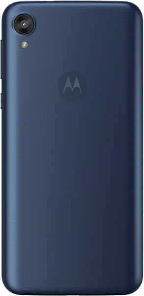 Motorola Moto E6 rear view, showing dark blue back panel with camera and Motorola logo