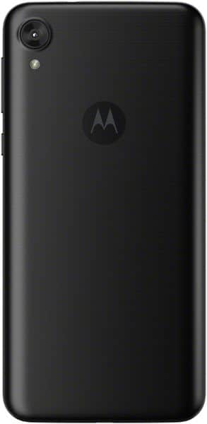 Motorola Moto E6 rear view, black phone with single camera and Motorola logo visible