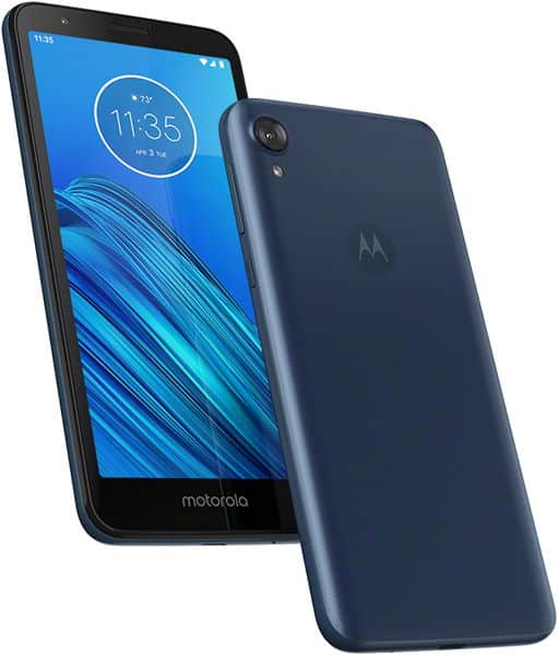 Motorola Moto E6 front and rear view, showing blue display with clock and striped wallpaper, dark blue back with camera