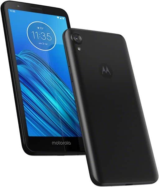 Motorola Moto E6 front and rear view, black phone displaying blue wallpaper with time and curved line design