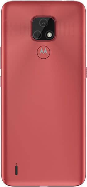 Motorola Moto E7 rear view, red finish with dual camera and Motorola logo