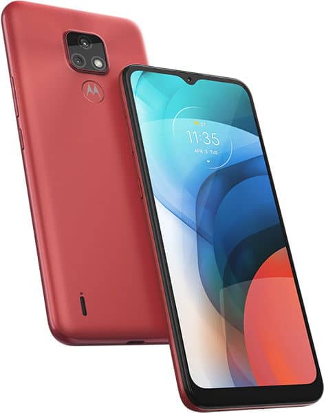 Motorola Moto E7 in red, shown from front and rear angles with display on and dual camera visible