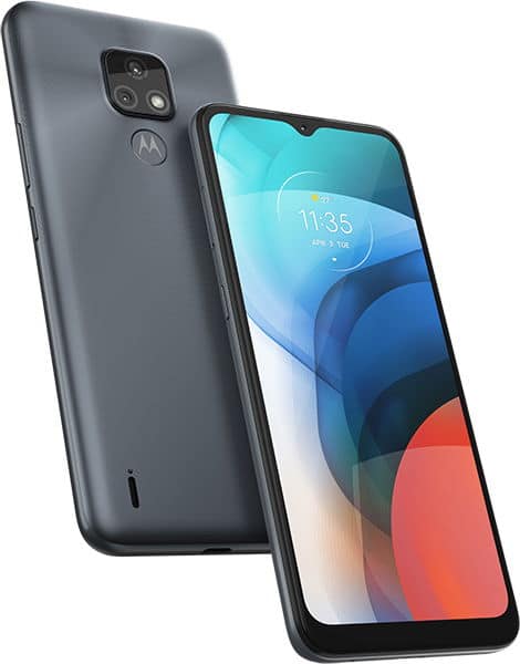 Motorola Moto E7 shown from front and rear angles, displaying dual rear cameras, Motorola logo, and colorful abstract wallpaper on screen