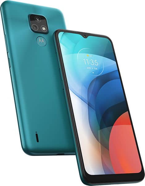 Motorola Moto E7 in teal, shown front and rear views with dual camera and colorful abstract display screen