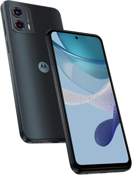 Motorola Moto G (2023) shown front and rear, charcoal gray, dual rear cameras, display with abstract blue wallpaper
