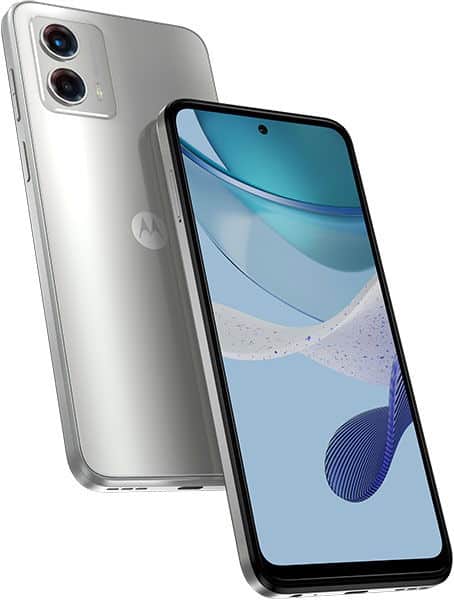 Motorola Moto G (2023) in white, shown from front and rear angles with display screen on and dual rear camera visible