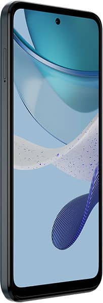 Motorola Moto G (2023) front view, black smartphone with blue abstract wallpaper on screen and top camera notch