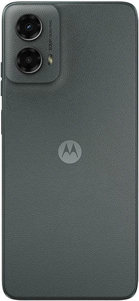 Motorola Moto G (2024) rear view, showing dark gray textured back with dual camera module and Motorola logo