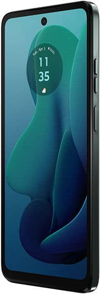 Motorola Moto G (2024) front view, displaying teal and blue watch-face design on screen, black frame and sides