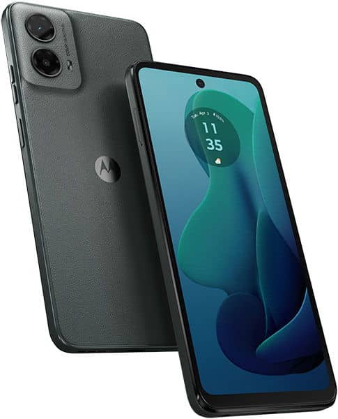 Motorola Moto G (2024) front and rear view, charcoal gray, dual rear cameras, teal display with clock widget