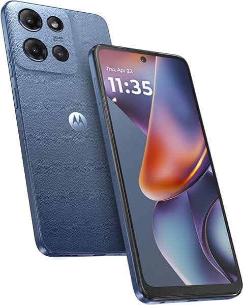 Motorola Moto G (2025) rear and front views, blue finish with quad camera system and Motorola logo, display showing time 11:35