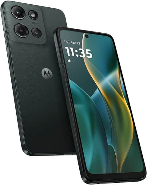 Motorola Moto G (2025) front and rear view, showing dark green finish, quad camera setup on back, and display with time 11:35