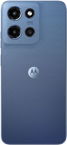 Motorola Moto G (2025) rear view, blue textured back with quad camera array and Motorola logo