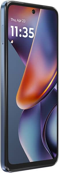 Motorola Moto G (2025) front view, displaying colorful abstract wallpaper with time 11:35 on screen