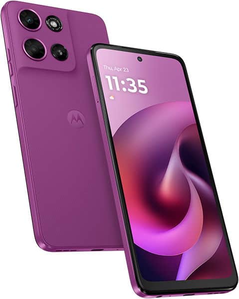Motorola Moto G (2026) in purple, shown from front and rear angles with quad camera setup and display showing time 11:35
