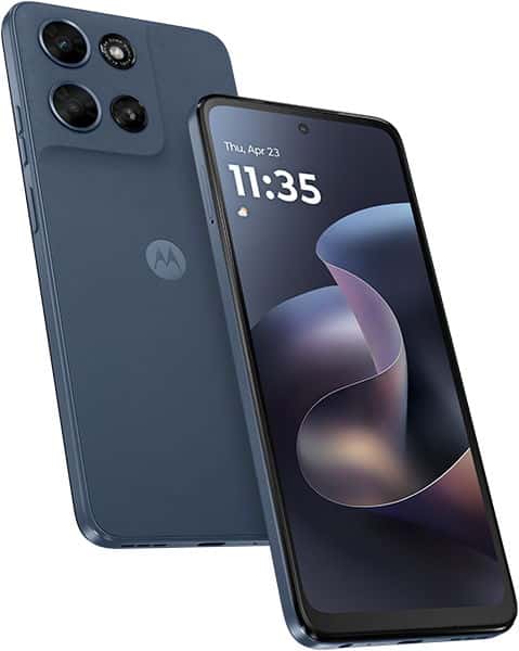 Motorola Moto G (2026) in blue, shown from front and rear angles with quad camera setup and display showing time 11:35