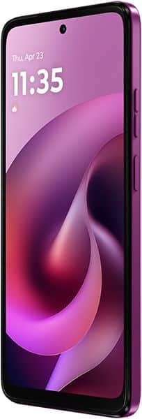 Motorola Moto G (2026) front view, purple and magenta gradient display showing time 11:35, black frame and bezels