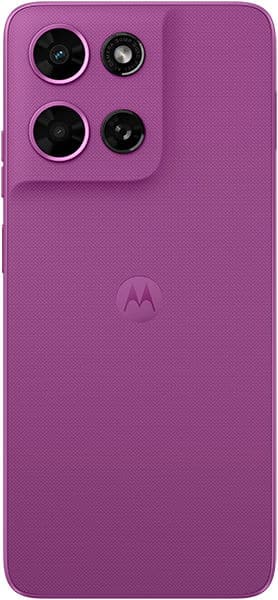 Motorola Moto G (2026) rear view, purple phone with quad camera setup and Motorola logo
