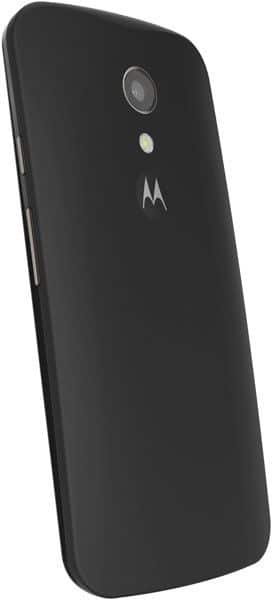 Motorola Moto G (2nd Gen) rear view, black phone showing camera lens and Motorola logo