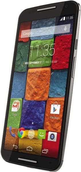 Motorola Moto G (2nd Gen) front view, black smartphone displaying colorful home screen with app icons and time 11:35