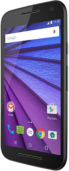 Motorola Moto G (3rd Gen) front view, displaying home screen with Google search bar, app icons, and purple-toned wallpaper