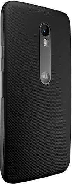 Motorola Moto G (3rd Gen) rear view, showing black textured back with camera lens and Motorola logo