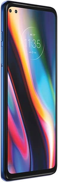 Motorola Moto G 5G Plus front view with left edge and side buttons, colorful wallpaper, time and date shown at top of display.