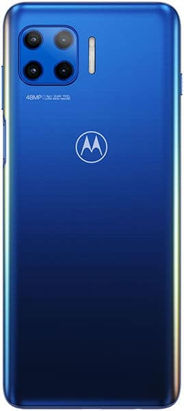 Rear view of blue Motorola Moto G 5G Plus showing square quad camera module, vertical flash, and central Motorola logo.