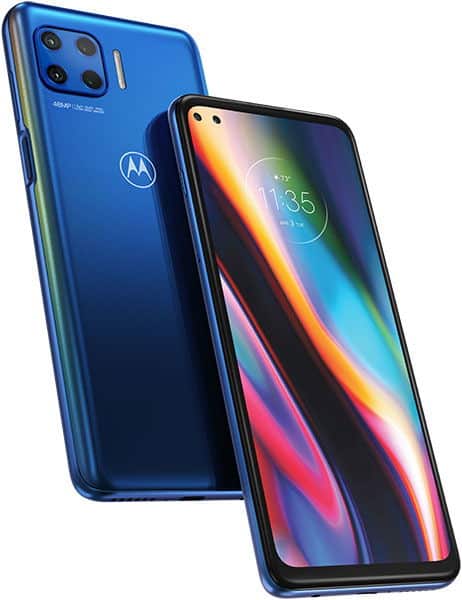 Motorola Moto G 5G Plus in blue shown front view with display and rear view highlighting Motorola logo and quad cameras.