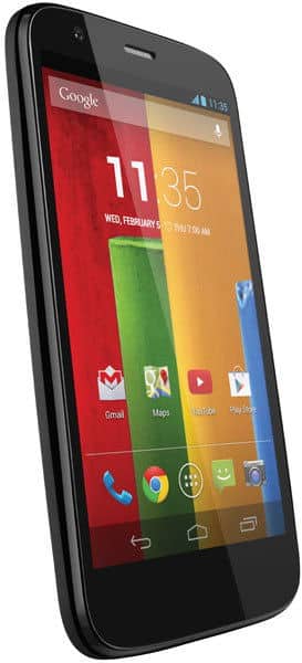 Motorola Moto G smartphone shown from front angle with colorful home screen displaying time, date, and app icons